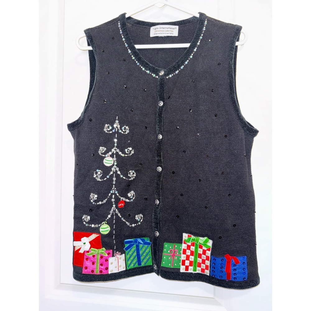 Tiara International Christmas Sweater Vest Womens L Black Vintage Ugly Holiday